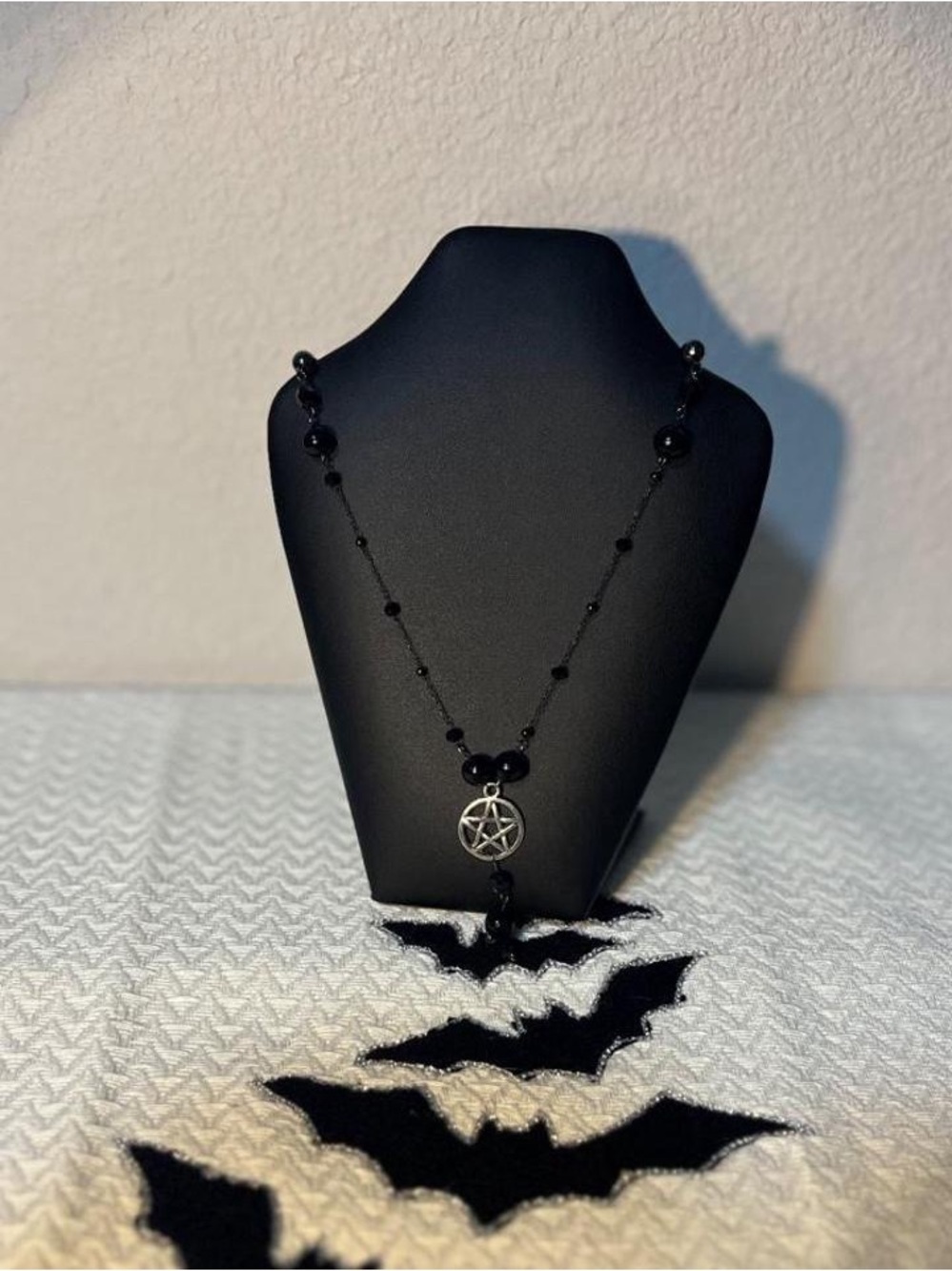 handmade Black and silver beaded necklace with silver pentagram pendant